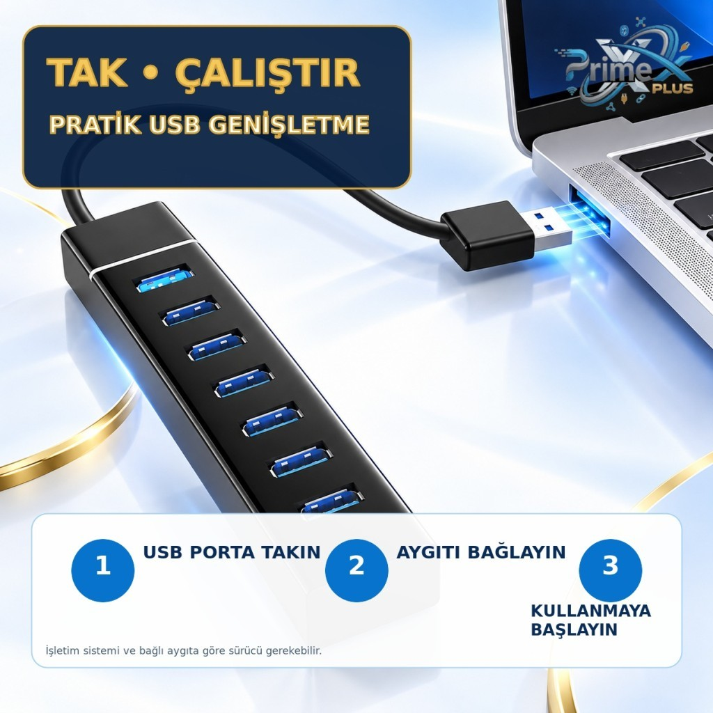 Yedi portlu siyah bir USB çoğaltıcı, Türkçe metinlerle bir dizüstü bilgisayara takılı.