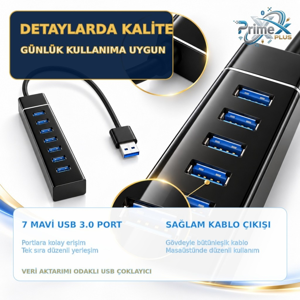 Altın detaylı arka planda yedi mavi portlu ve kablolu siyah USB 3.0 çoklayıcı.