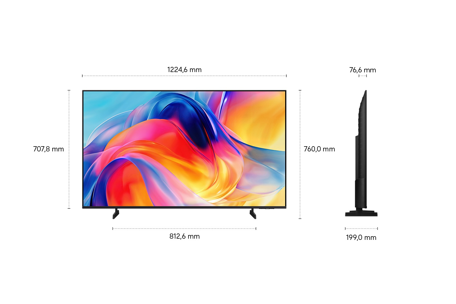 Technisches Diagramm mit Vorder- und Seitenabmessungen eines Flachbildfernsehers mit farbigem Display.
