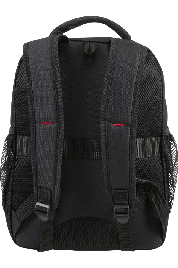 Vista posteriore di uno zaino nero con spallacci imbottiti e tasche laterali in rete.