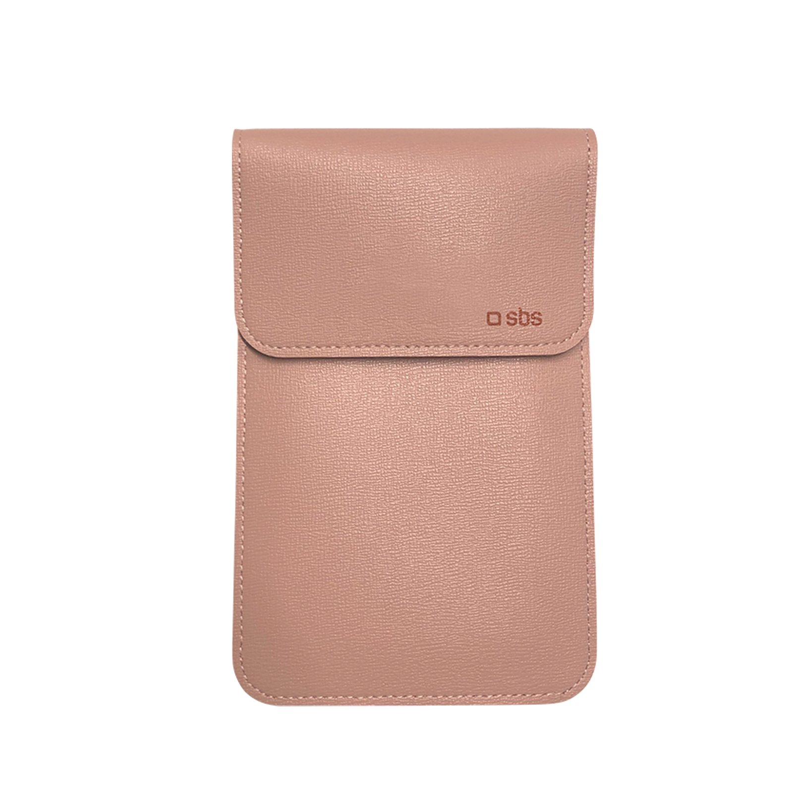 Una custodia per cellulare in pelle rosa con patta e logo SBS su sfondo bianco.