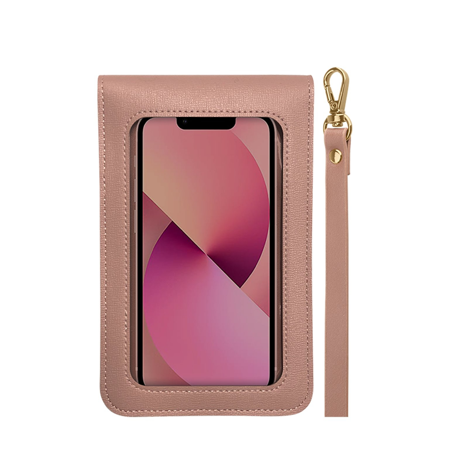 Una custodia per telefono in pelle rosa con finestra trasparente e cinturino staccabile.