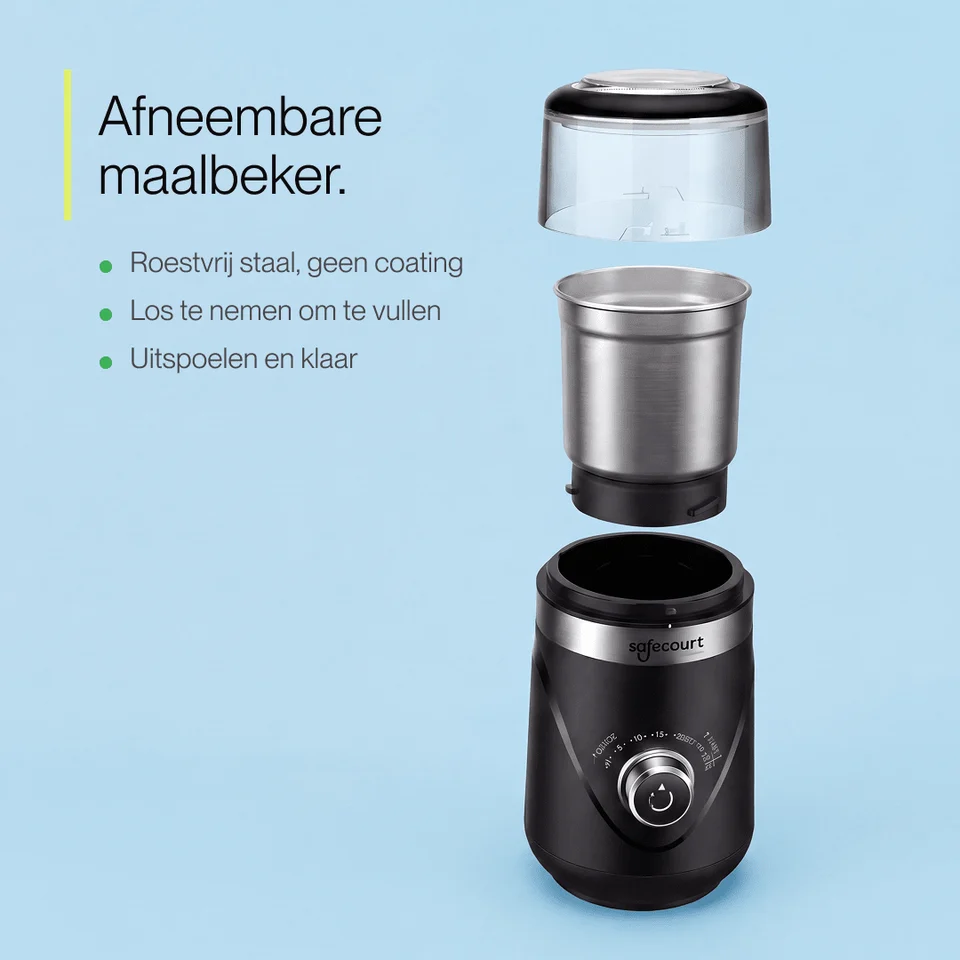 A coffee grinder with a removable stainless steel container and a clear lid against a blue background.