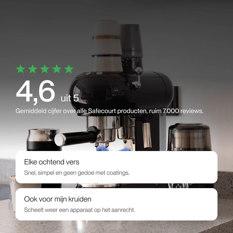 A black espresso machine on a counter with review text and a 4.6 rating out of five stars.