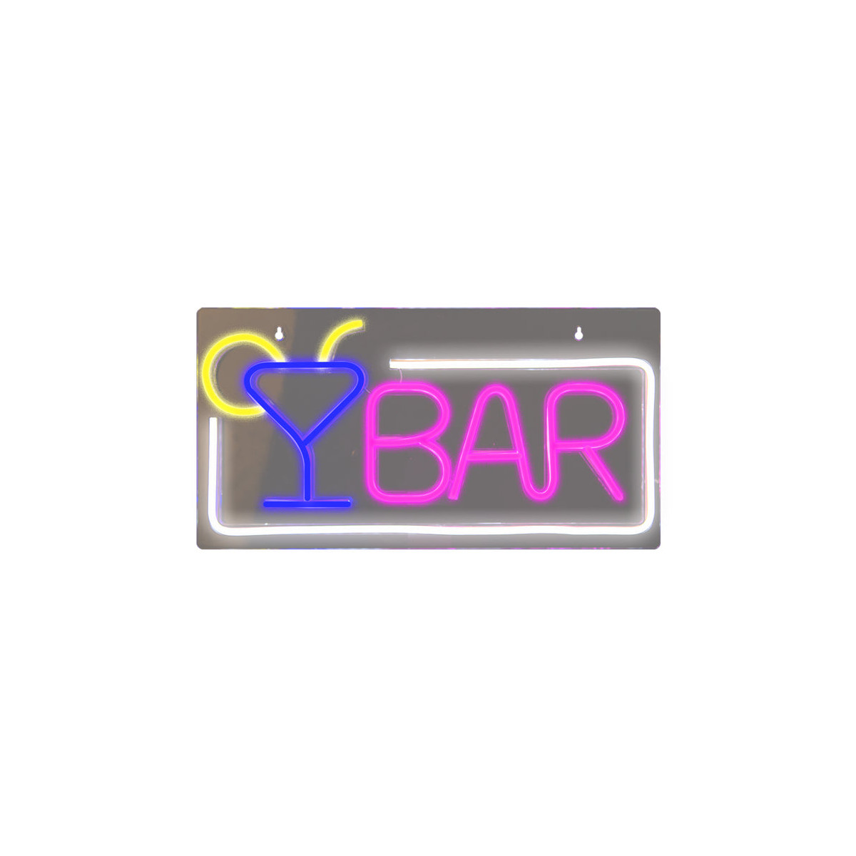 Un'insegna al neon con la scritta BAR in rosa accanto a un bicchiere da cocktail blu.