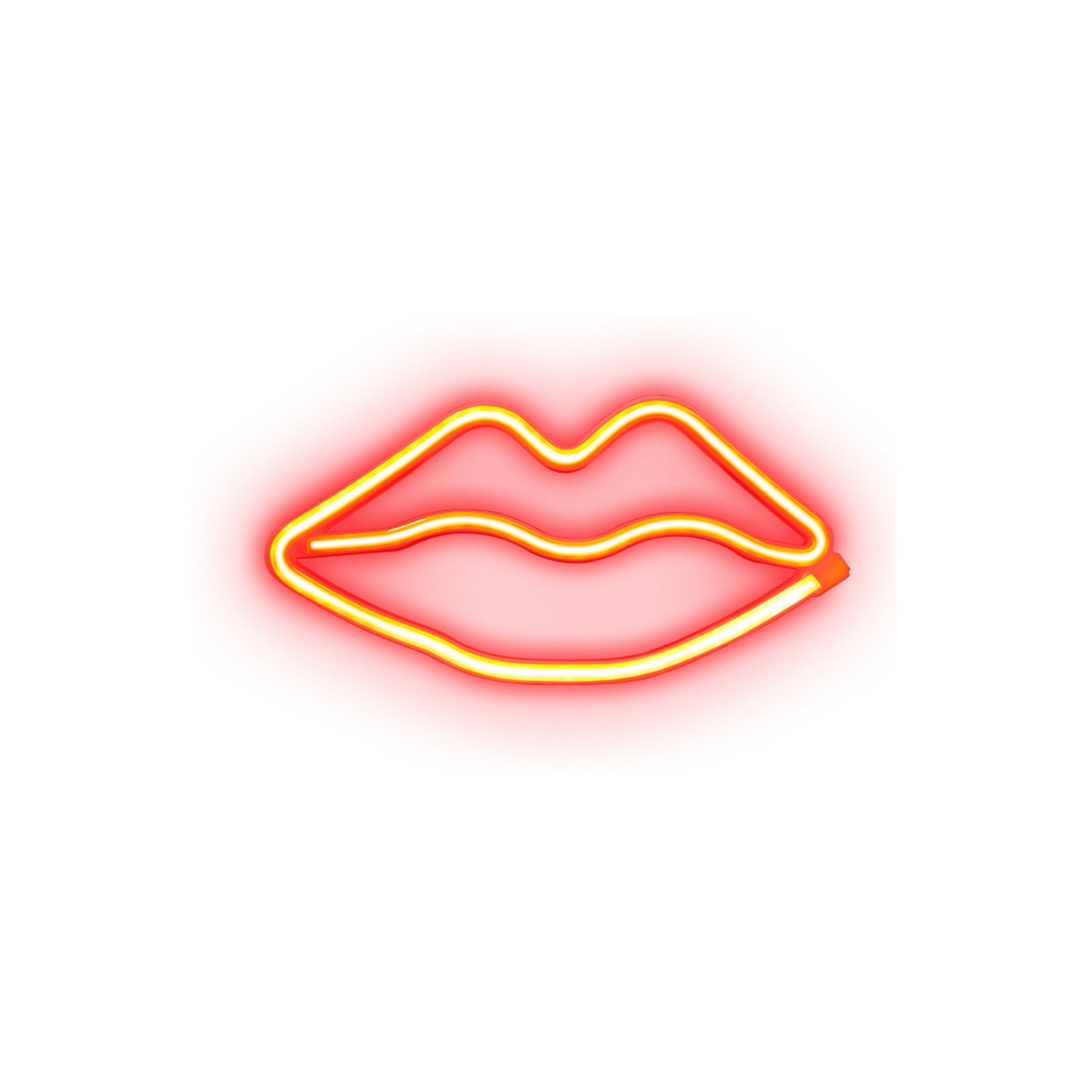 Un'insegna al neon rossa a forma di labbra su sfondo bianco.