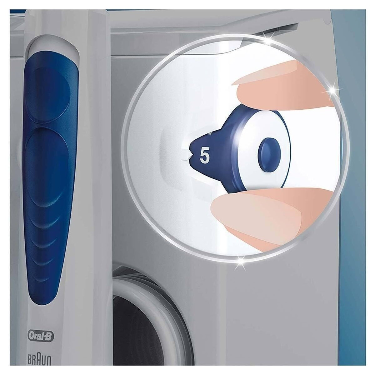Bir parmak, beyaz bir Oral-B cihazında mavi kadranı beş numaraya çeviriyor.