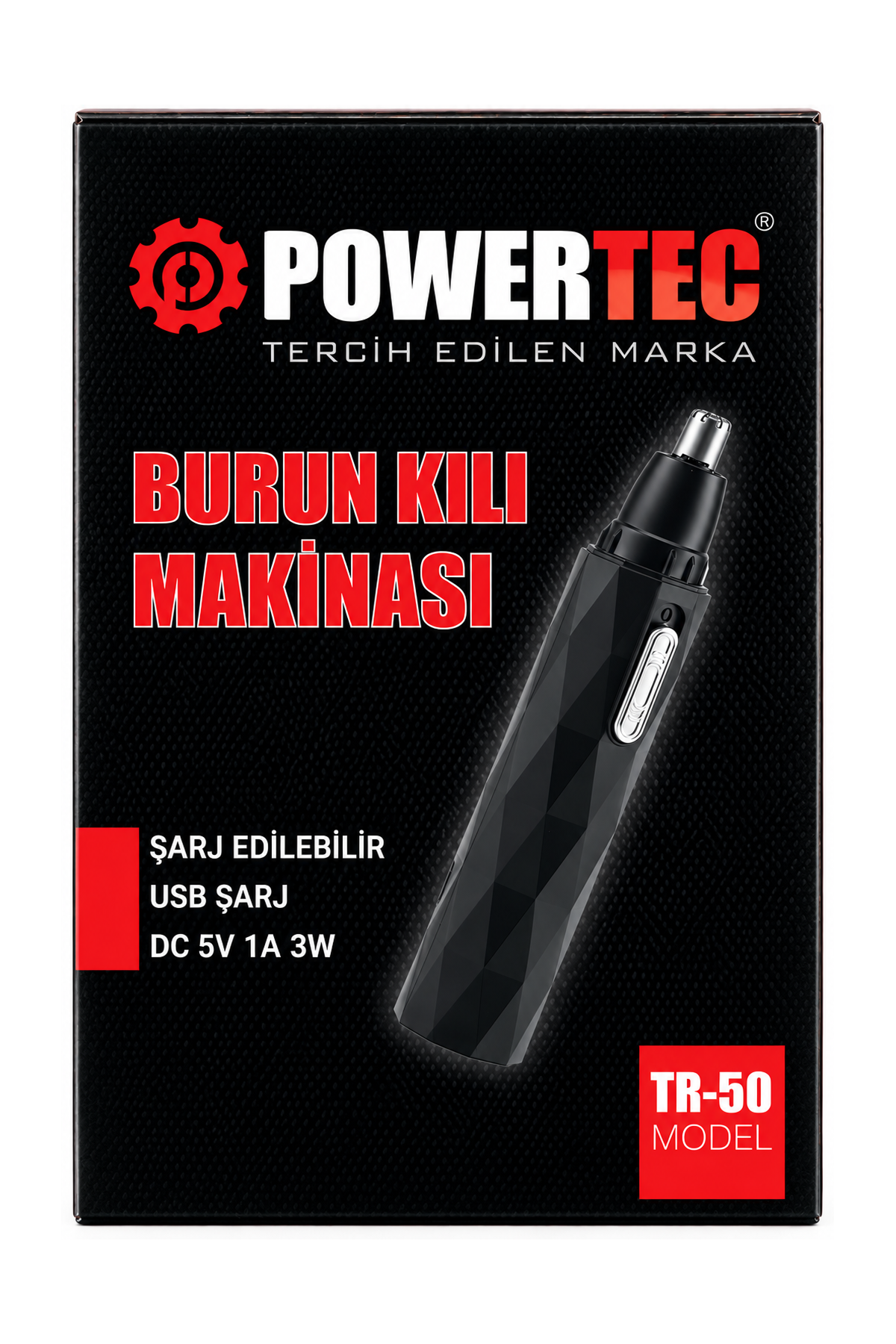 Kırmızı marka ve cihazın bulunduğu siyah Powertec TR-50 burun kıl alma makinesi kutusu.
