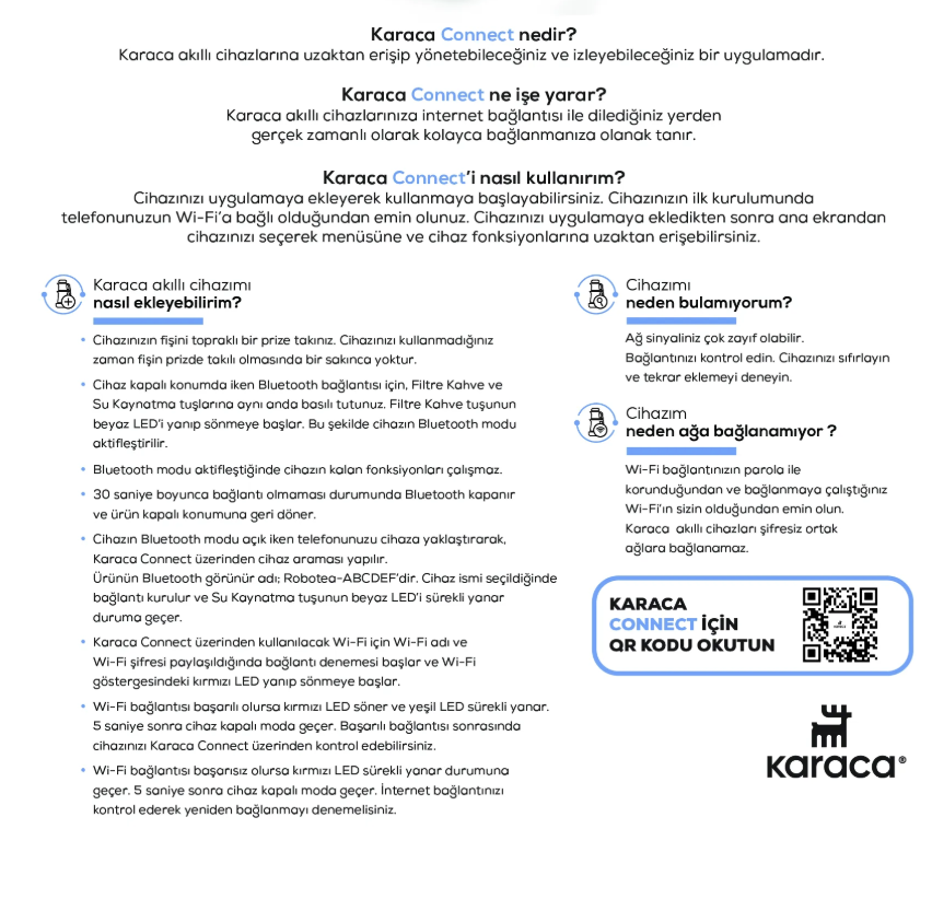 Karaca Connect uygulamasını, kurulum adımlarını ve sorun giderme ipuçlarını anlatan infografik.
