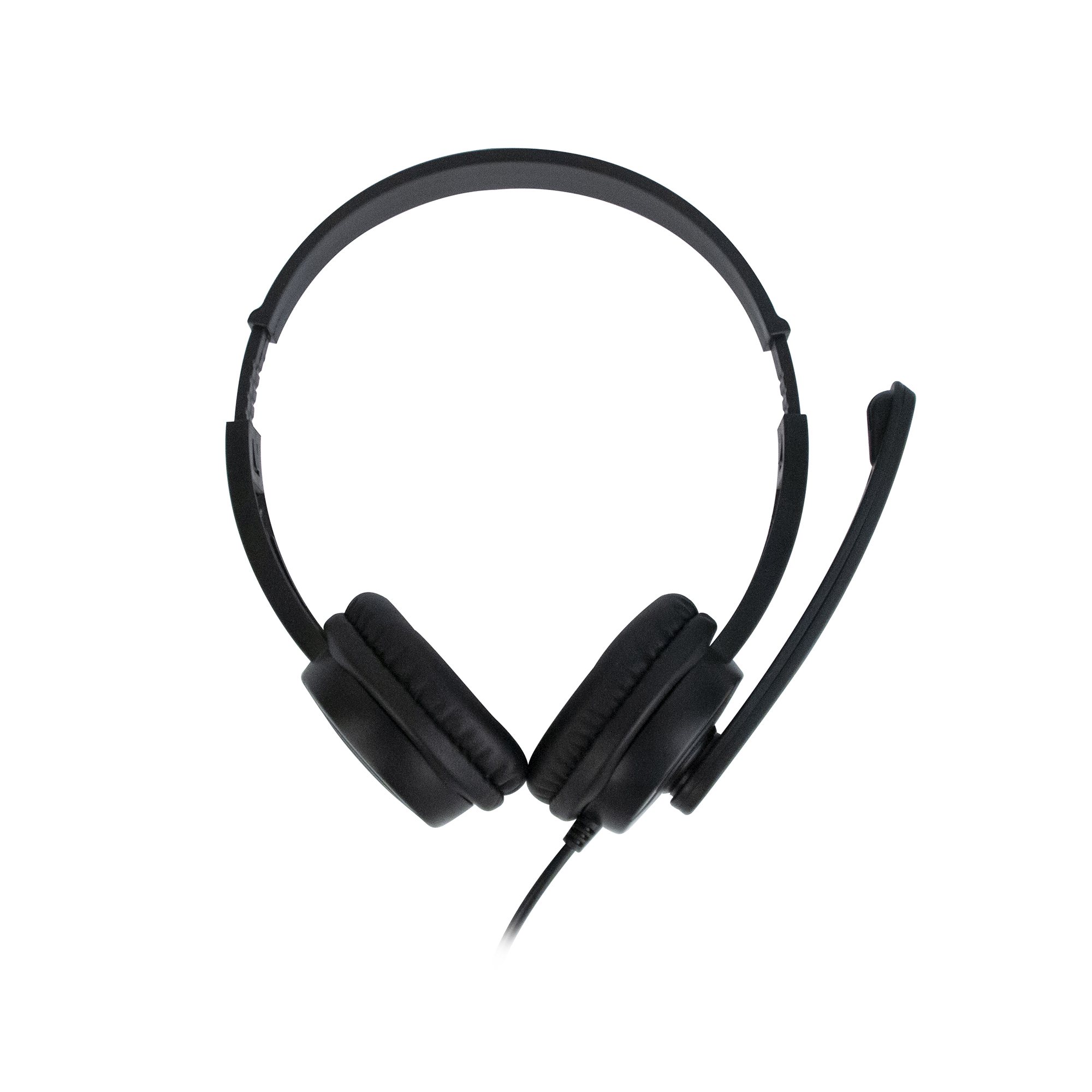 Cuffie on-ear nere con microfono collegato e cavo su sfondo bianco.