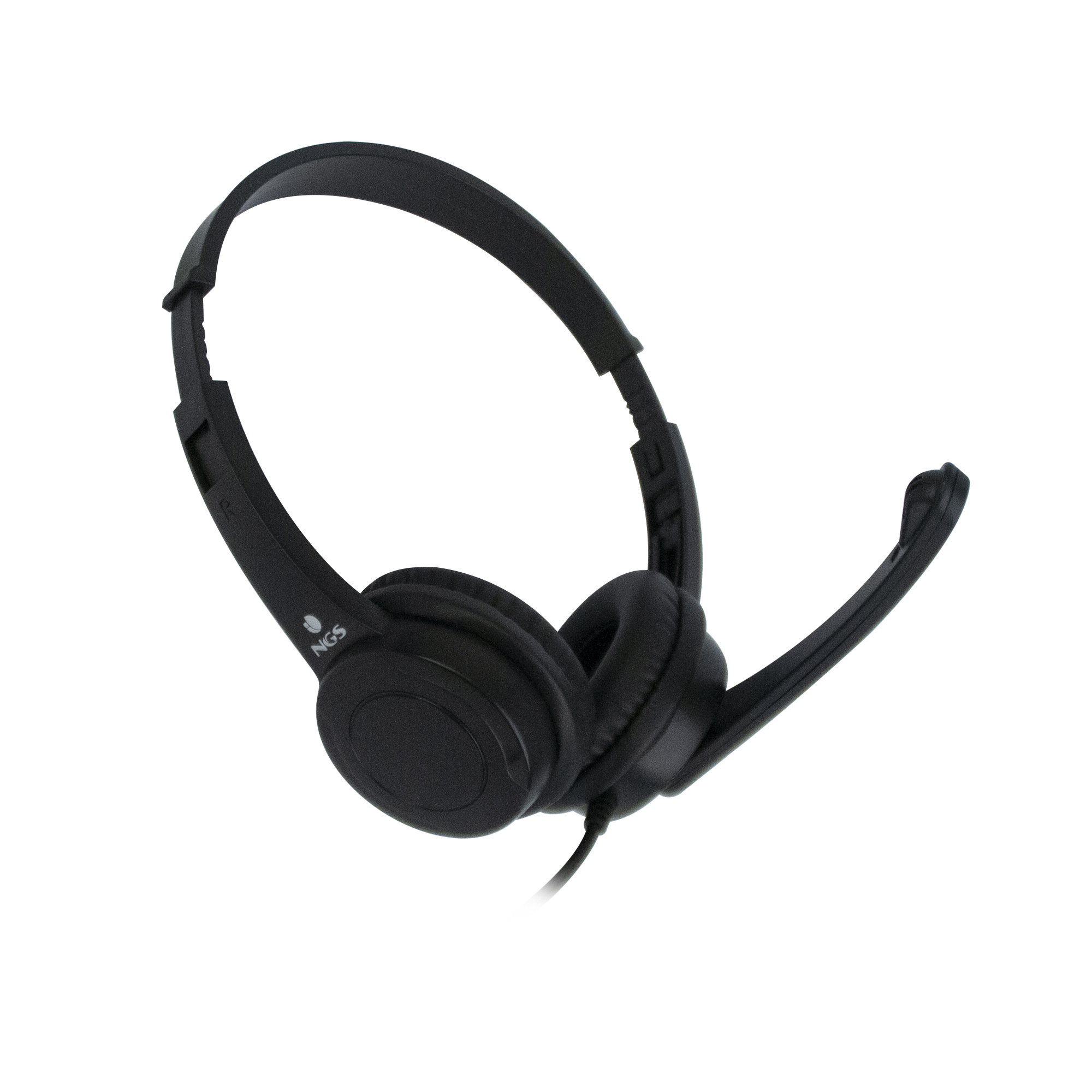 Cuffie on-ear nere con cavo e microfono integrato su sfondo bianco.