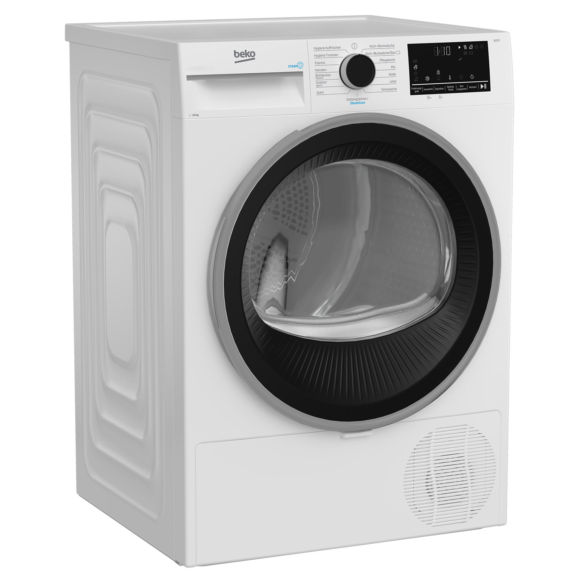 Ein weißer Beko Wäschetrockner mit schwarzem Bullauge, digitalem Display und Drehknopf auf weißem Hintergrund.