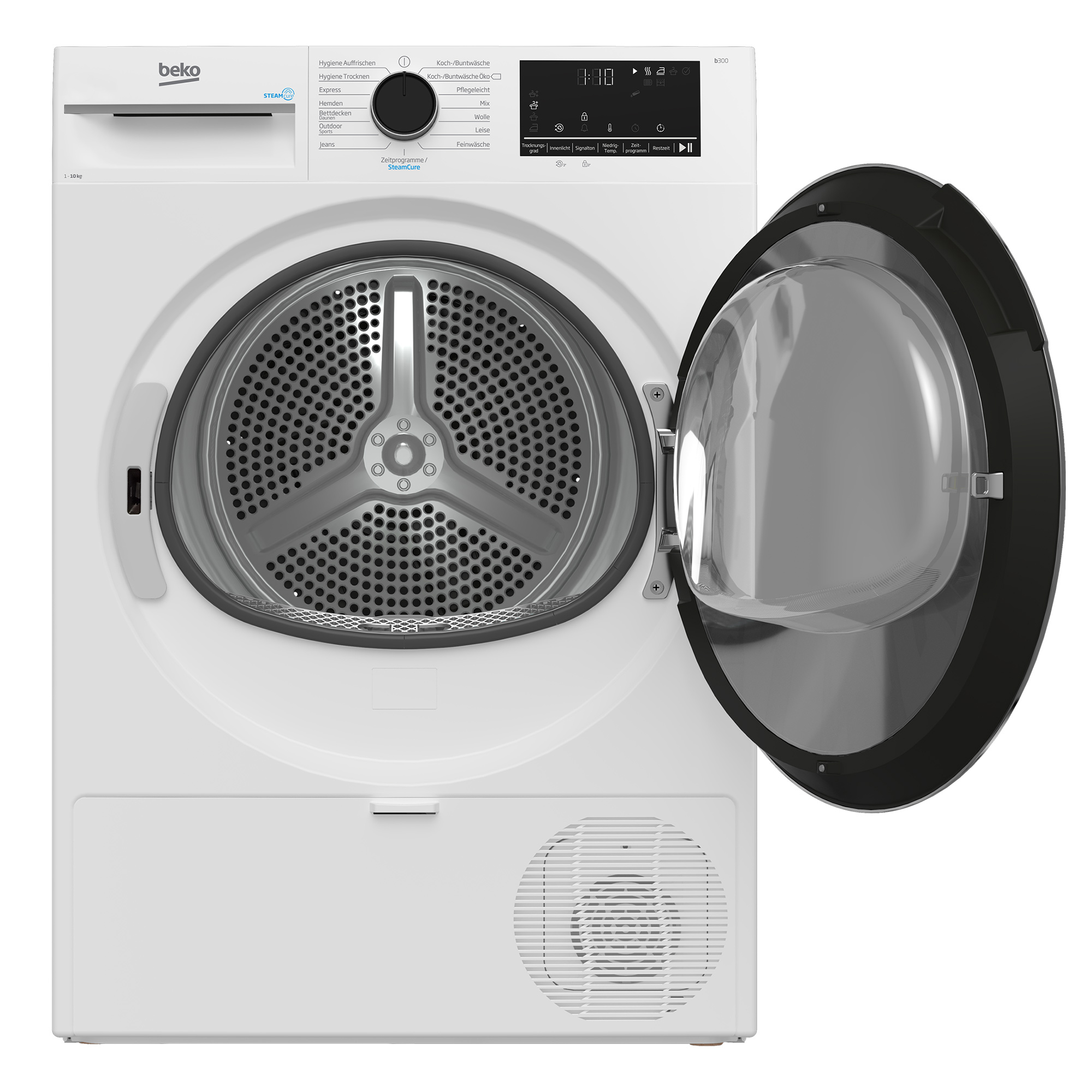 Ein weißer Beko Trockner mit geöffneter schwarzer Glastür zeigt die Edelstahltrommel.