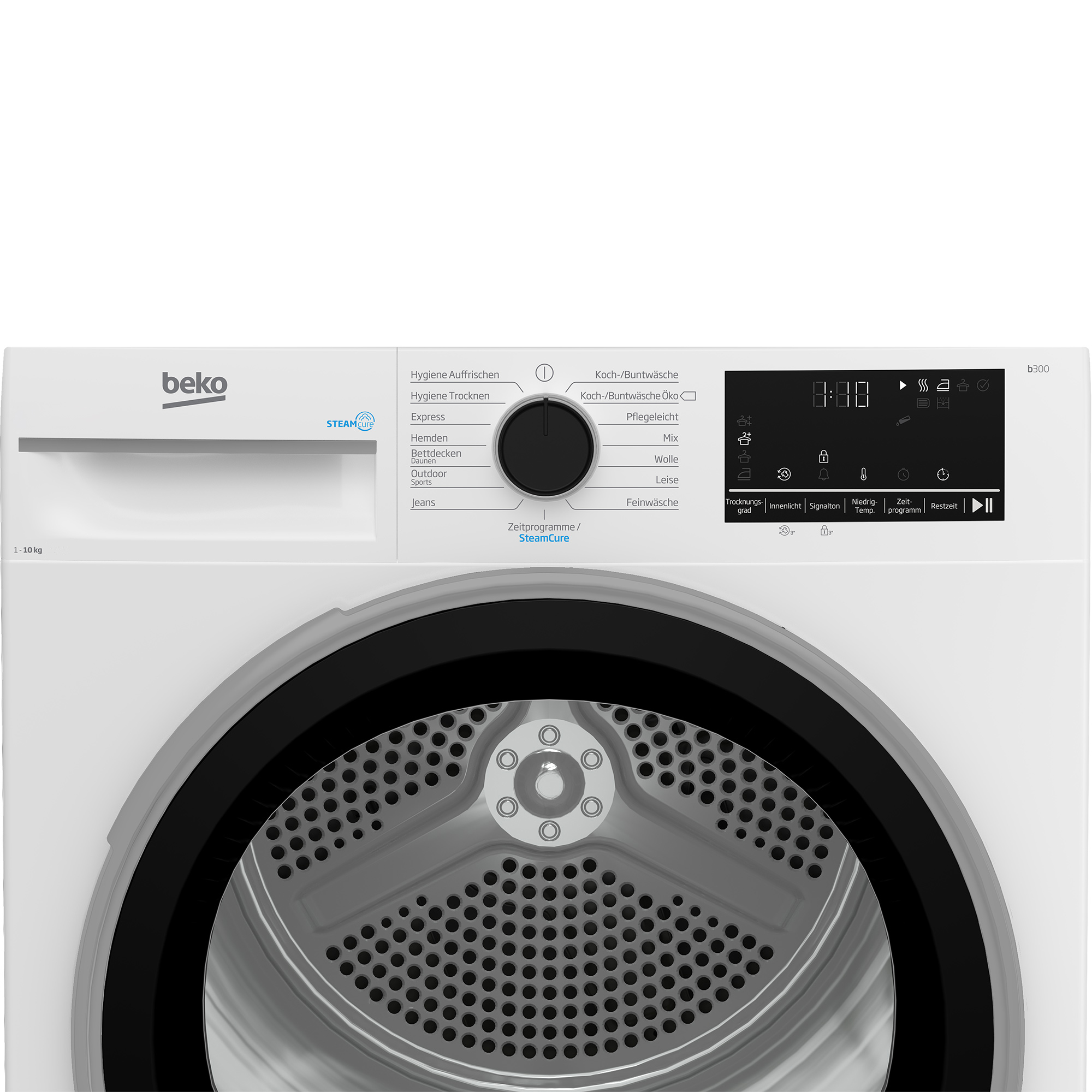 Weiße Beko-Waschmaschine mit schwarzem Bullauge, Drehknopf und digitalem Bedienfeld.