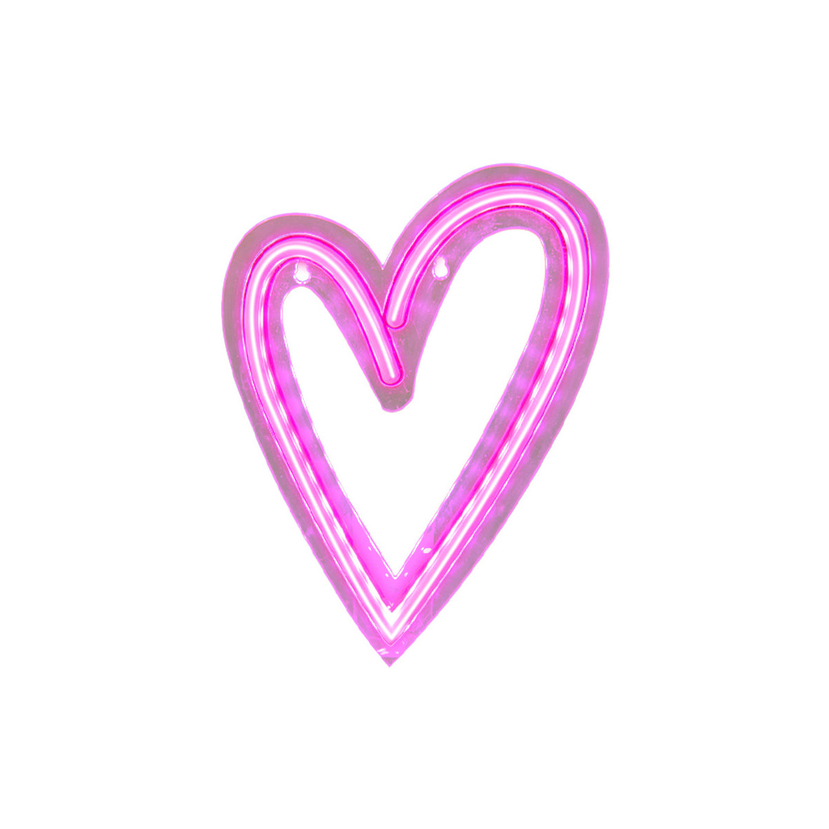 Un cuore al neon rosa luminoso su sfondo bianco.