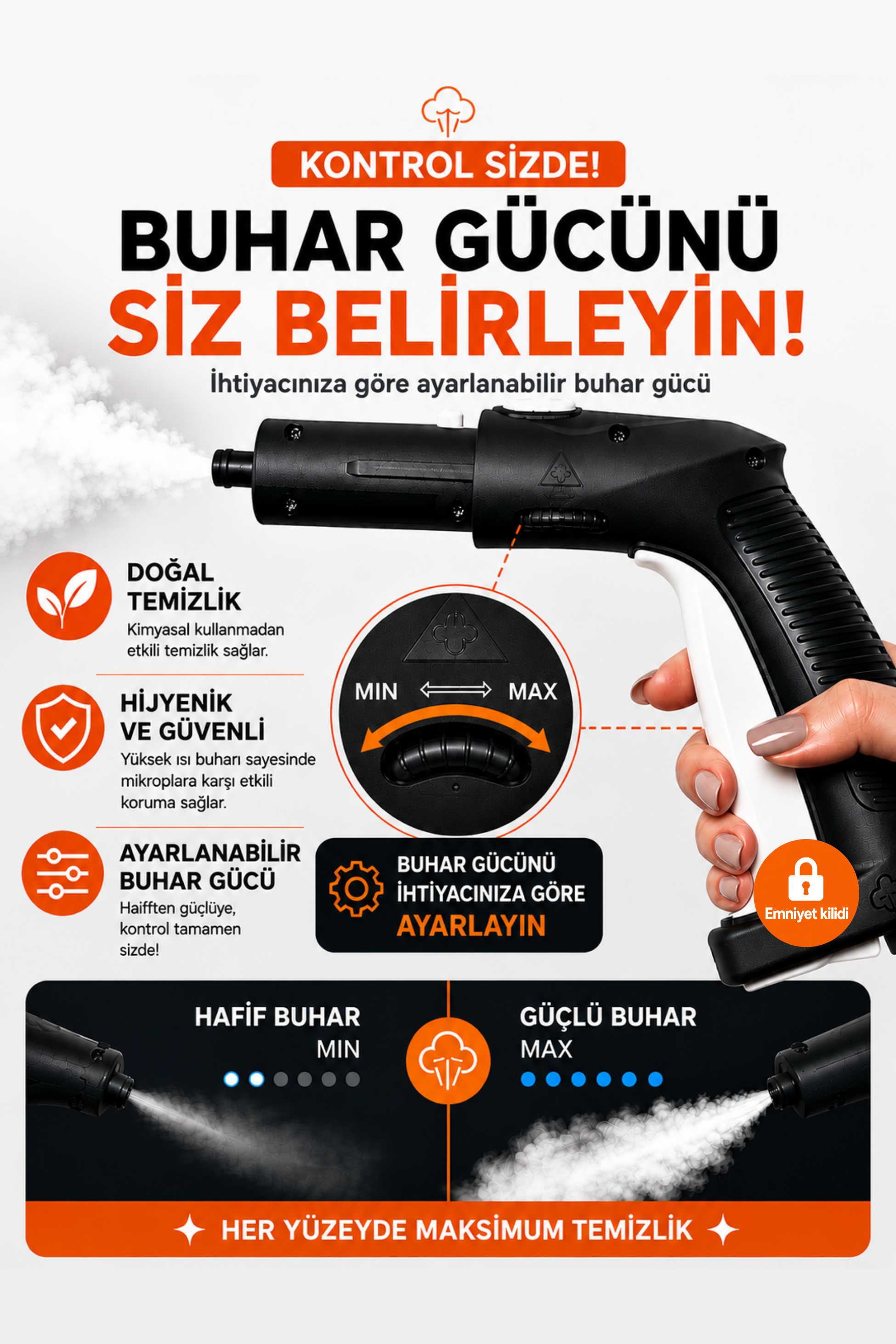 Ayarlanabilir buhar gücüne, emniyet kilidine ve açıklayıcı grafiklere sahip el tipi buhar cihazı.