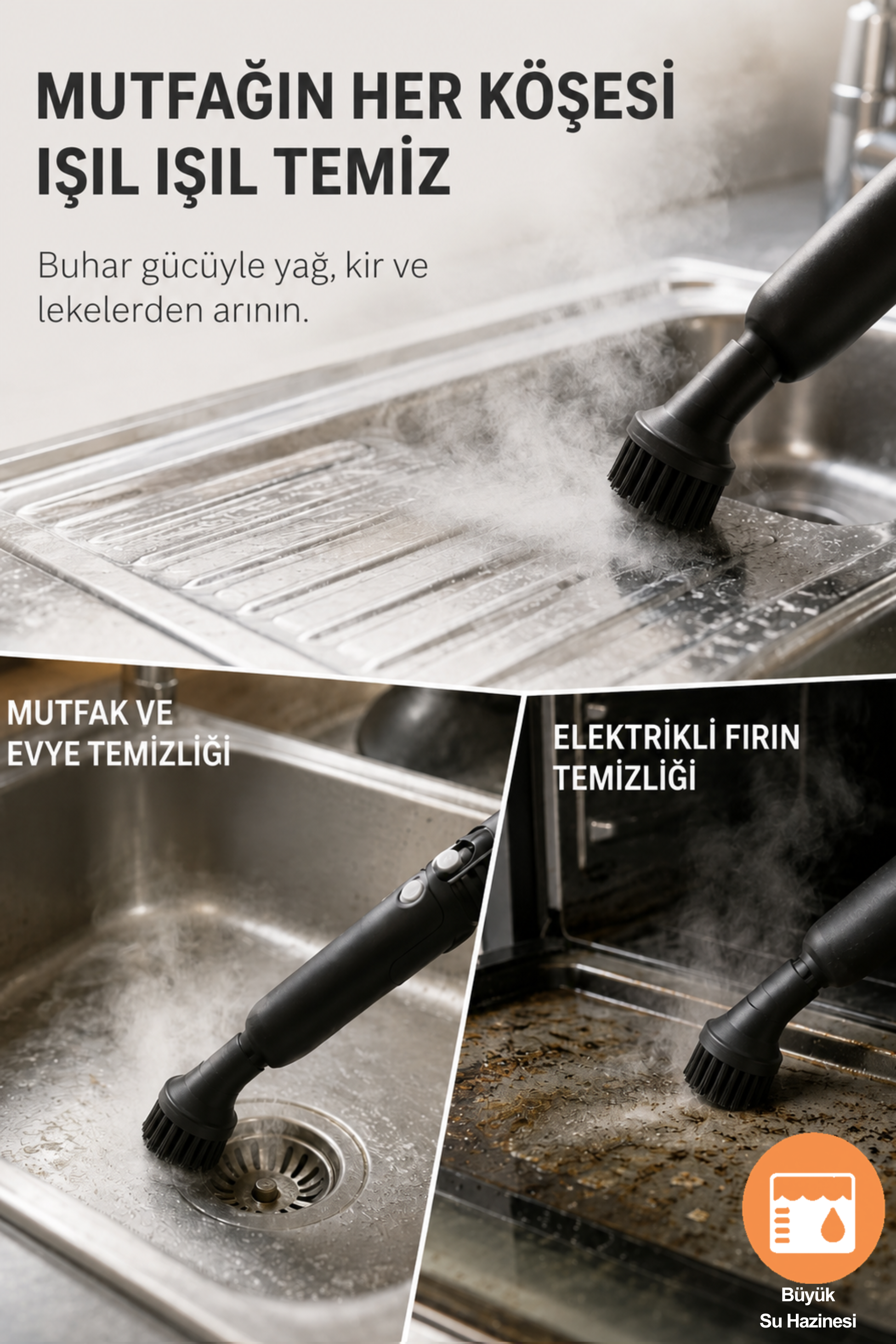 Evye ve fırın temizliği yapan buharlı temizleyici, üst kısımda Türkçe yazılarla.