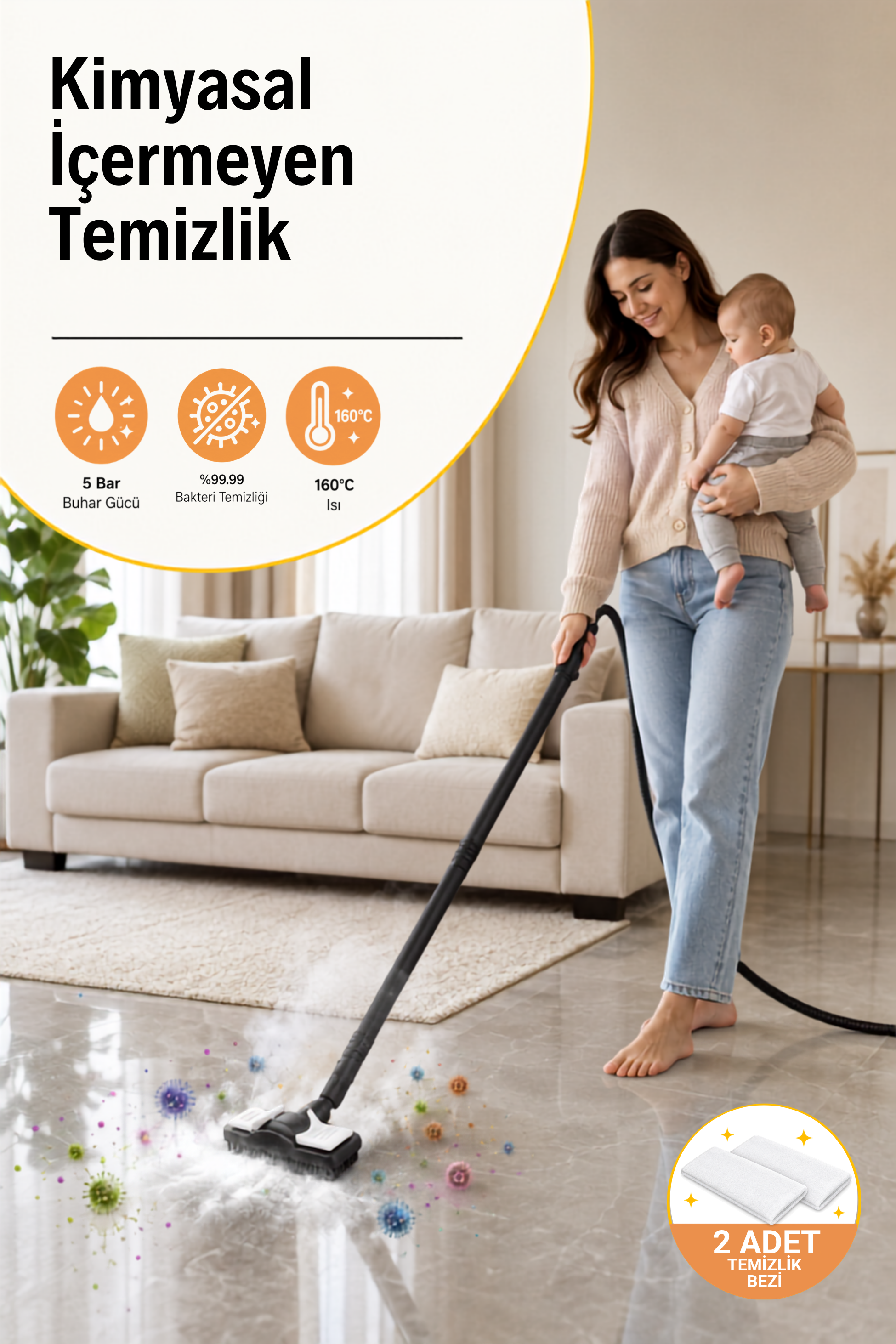 Bebek tutan bir kadın, yerdeki bakterileri temizlemek için buharlı temizleyici kullanıyor.