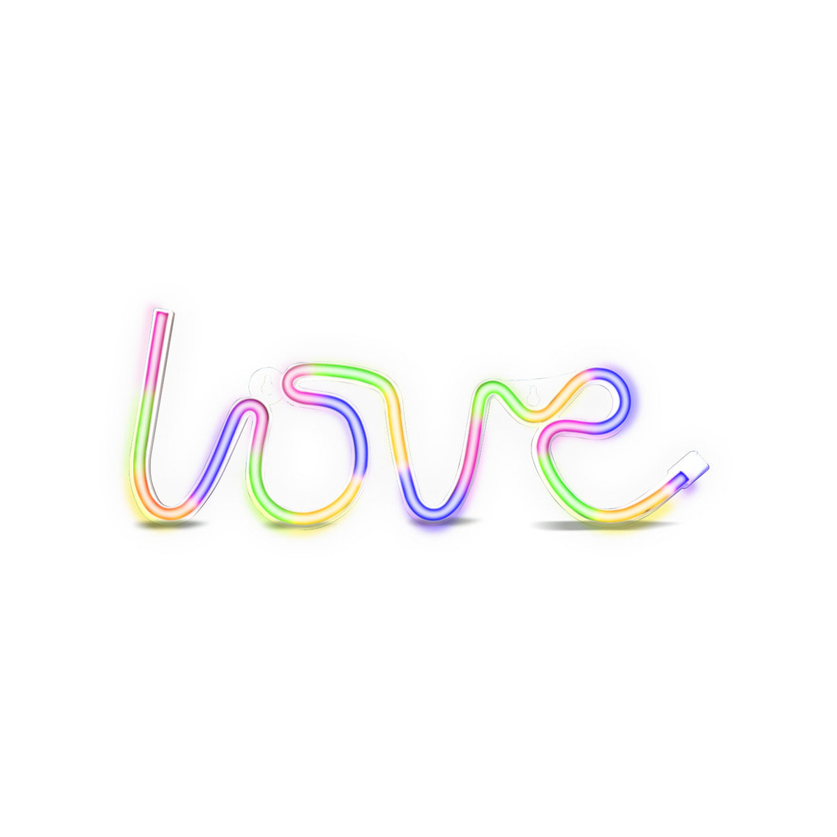 Una luminosa insegna al neon multicolore compone la parola amore in corsivo su uno sfondo bianco.