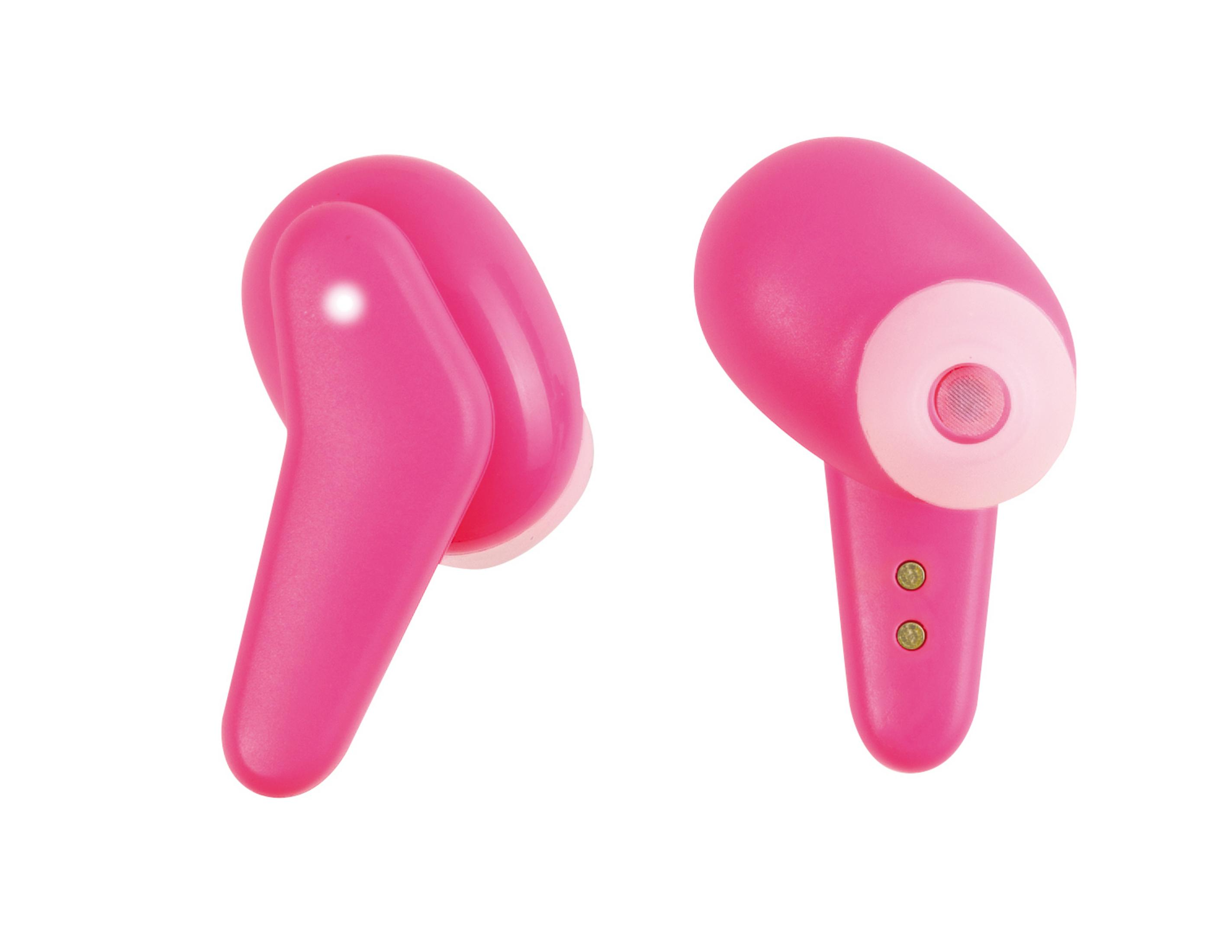 Dos auriculares inalámbricos de color rosa brillante sobre un fondo blanco puro.