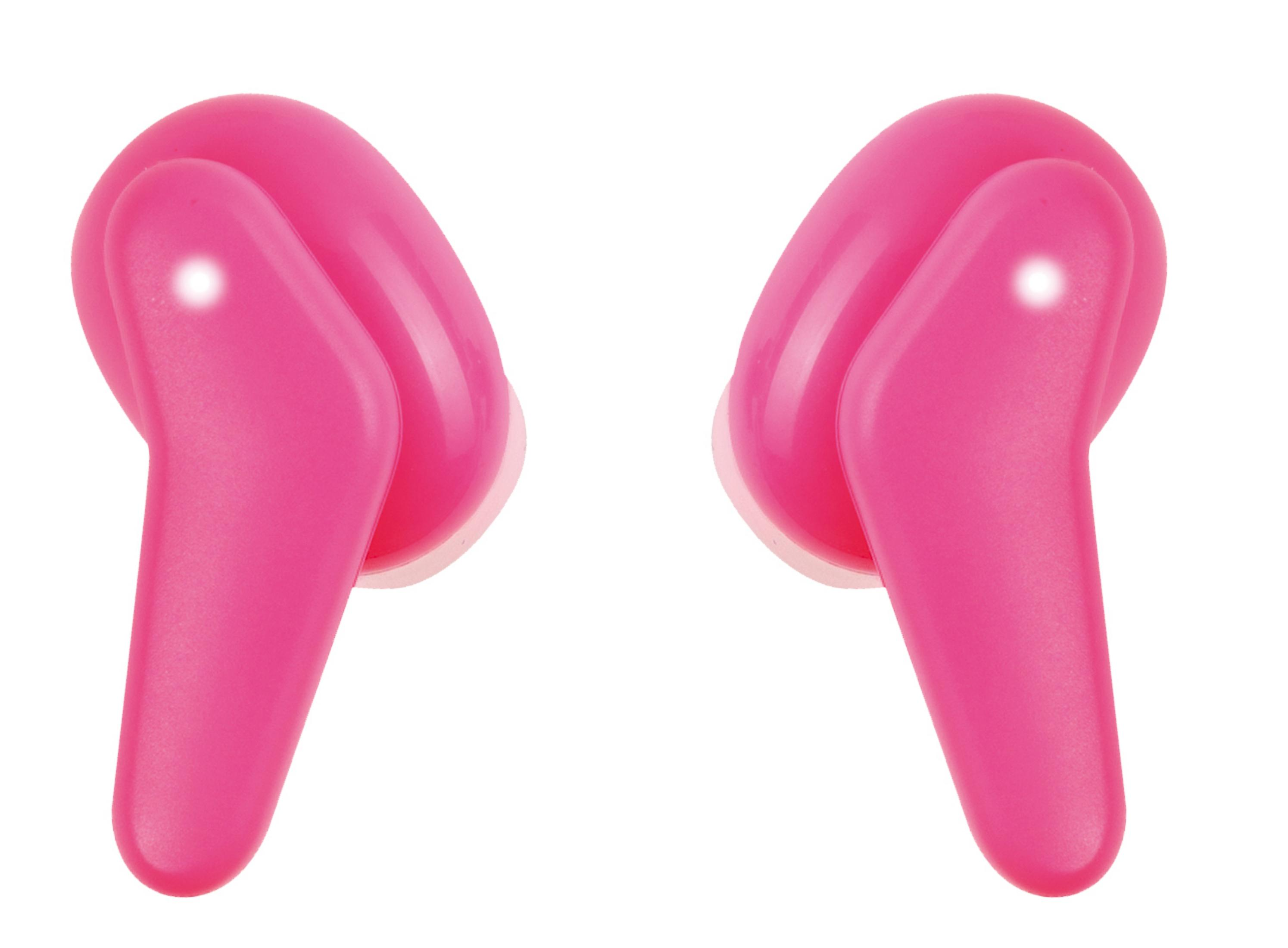 Dos auriculares inalámbricos rosas uno al lado del otro sobre fondo blanco.