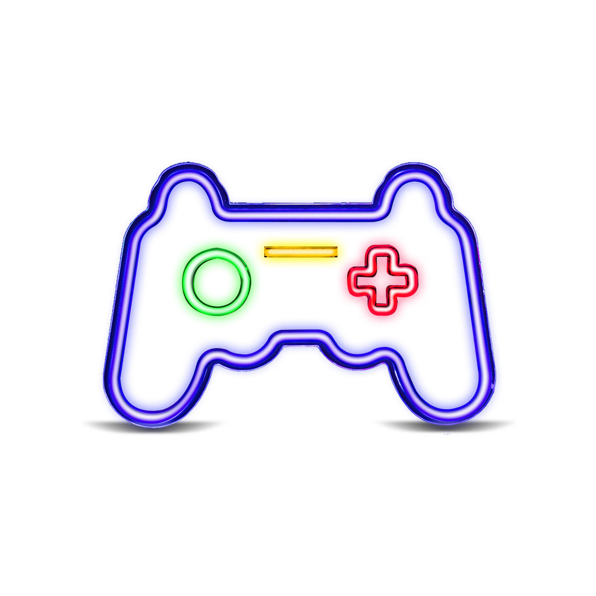 Controller di gioco al neon blu con cerchio verde, croce rossa e linea gialla.