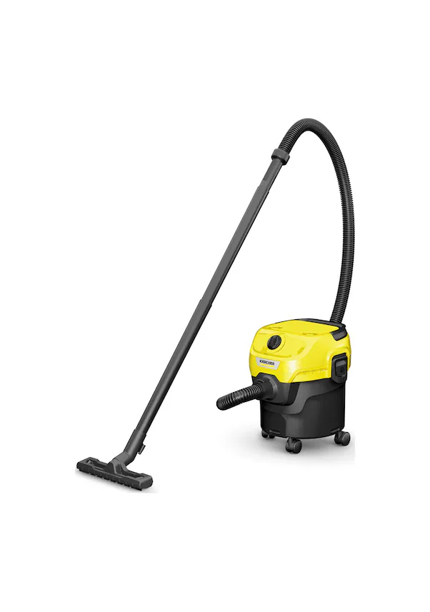 Uzun hortumlu ve zemin başlıklı sarı ve siyah Karcher ıslak kuru elektrikli süpürge.