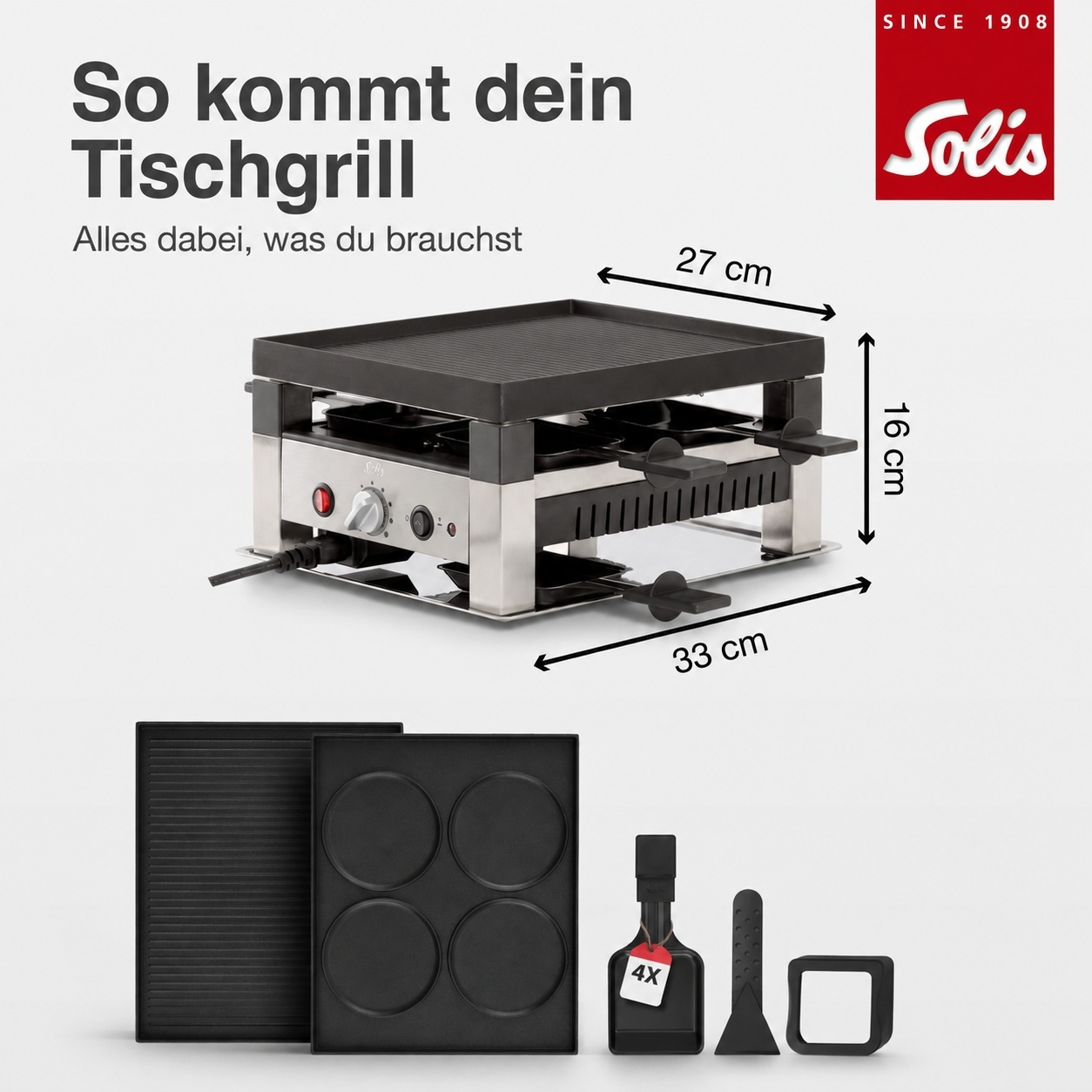 Solis Tischgrill mit Maßen und Zubehörteilen wie Grillplatten und Spateln.