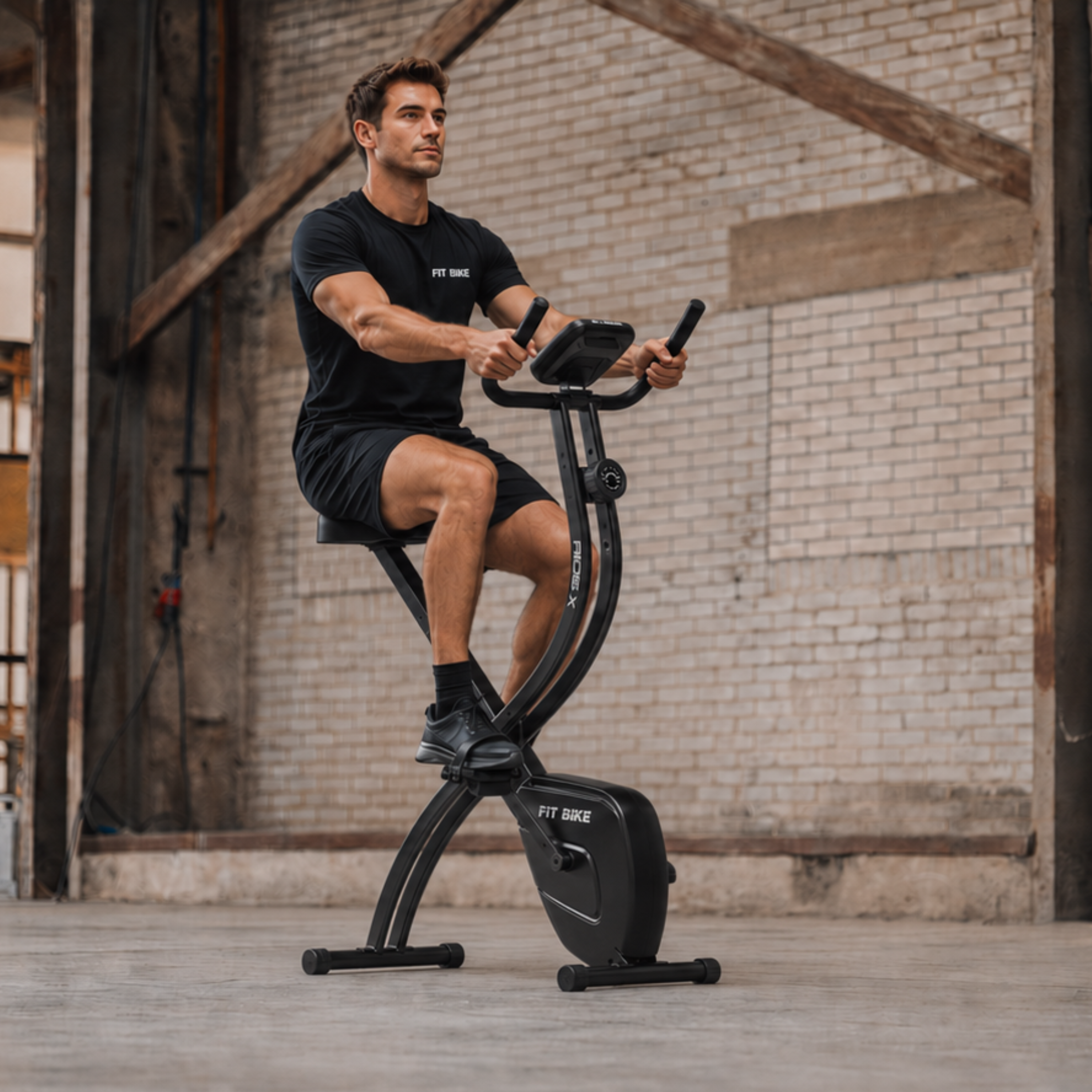 Een man in zwarte sportkleding fietst op een hometrainer in een industriële loft met een bakstenen muur.