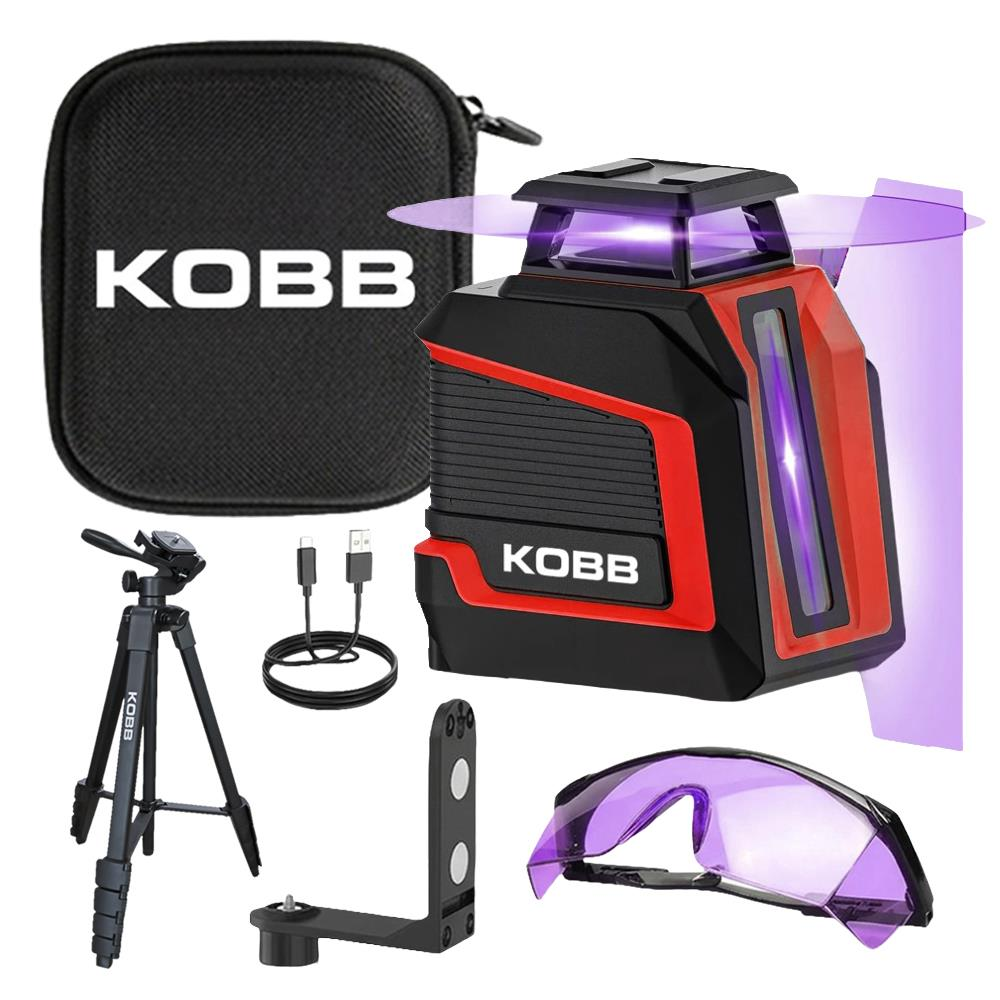 Çanta, tripod, şarj kablosu, montaj braketi ve mor güvenlik gözlüğü içeren KOBB kırmızı ve siyah lazer seviye kiti.