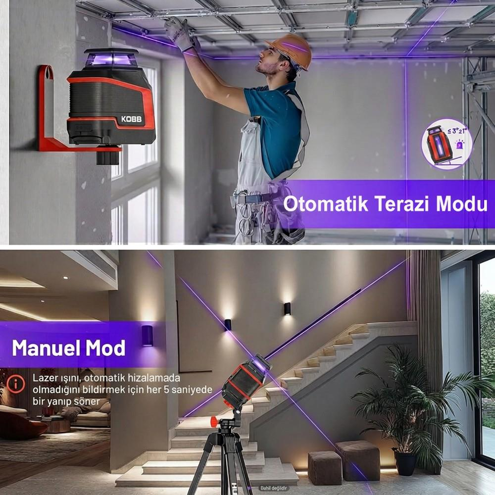 Siyah ve kırmızı lazer terazi, bir odada mor çizgiler yansıtıyor.