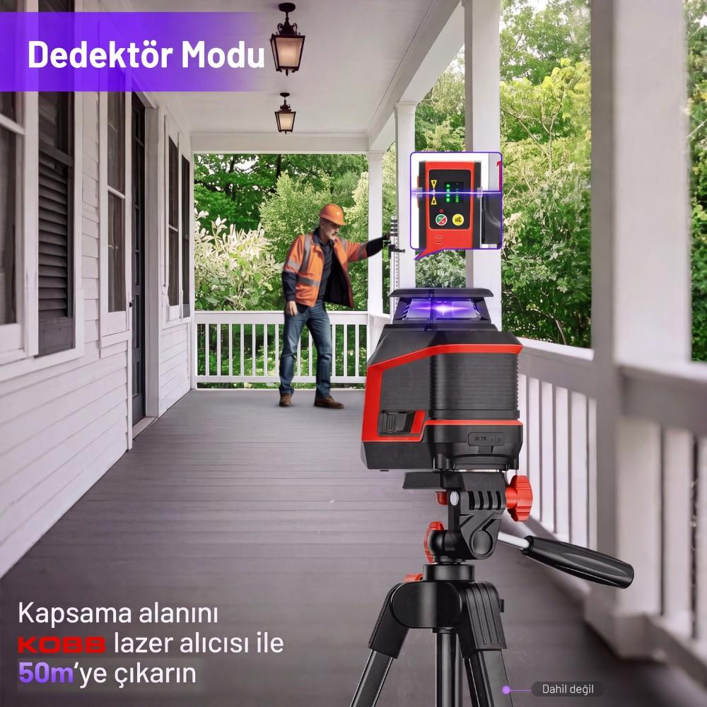 Verandada tripod üzerinde kırmızı lazer seviyesi, arka planda yelekli işçi.