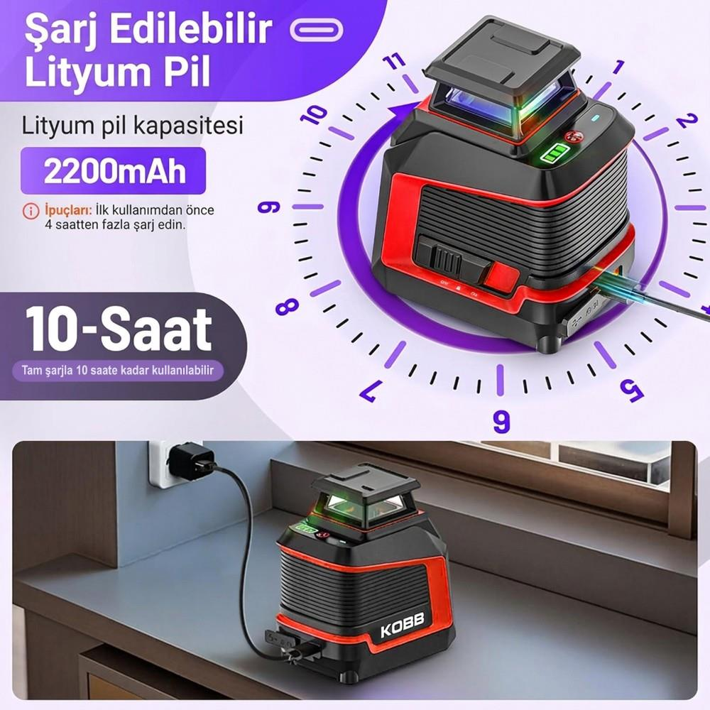 2200mAh bataryalı siyah ve kırmızı lazer hizalama cihazı, USB kablosuyla şarj ediliyor.