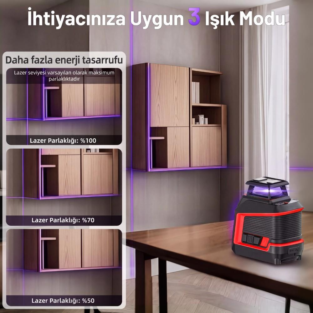 Ahşap masa üzerinde kırmızı ve siyah lazer seviye cihazı, arka planda ahşap duvar dolabı ve mor lazer çizgileri var.