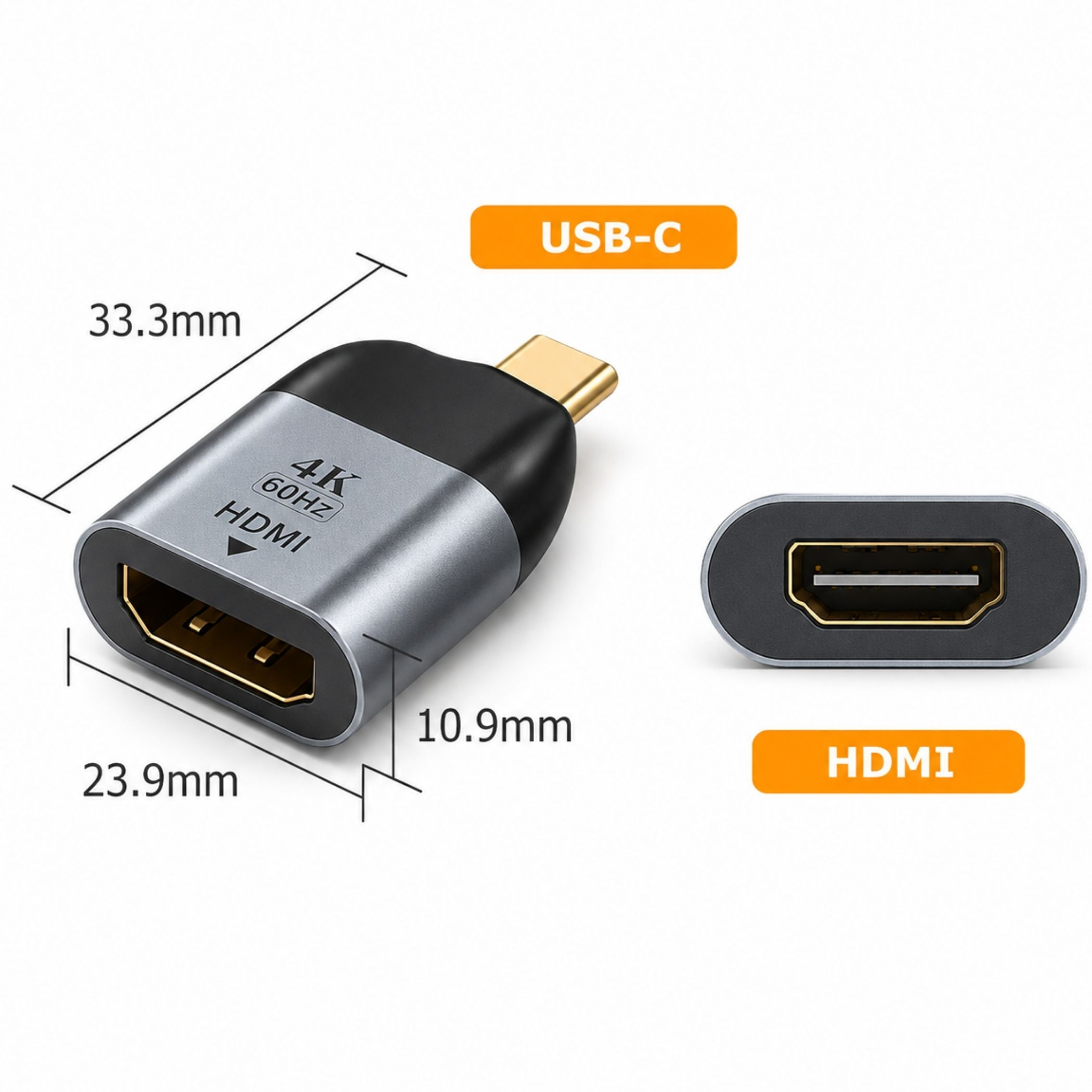 USB-C zu HDMI Adapter mit Maßangaben und 4K 60Hz Beschriftung.