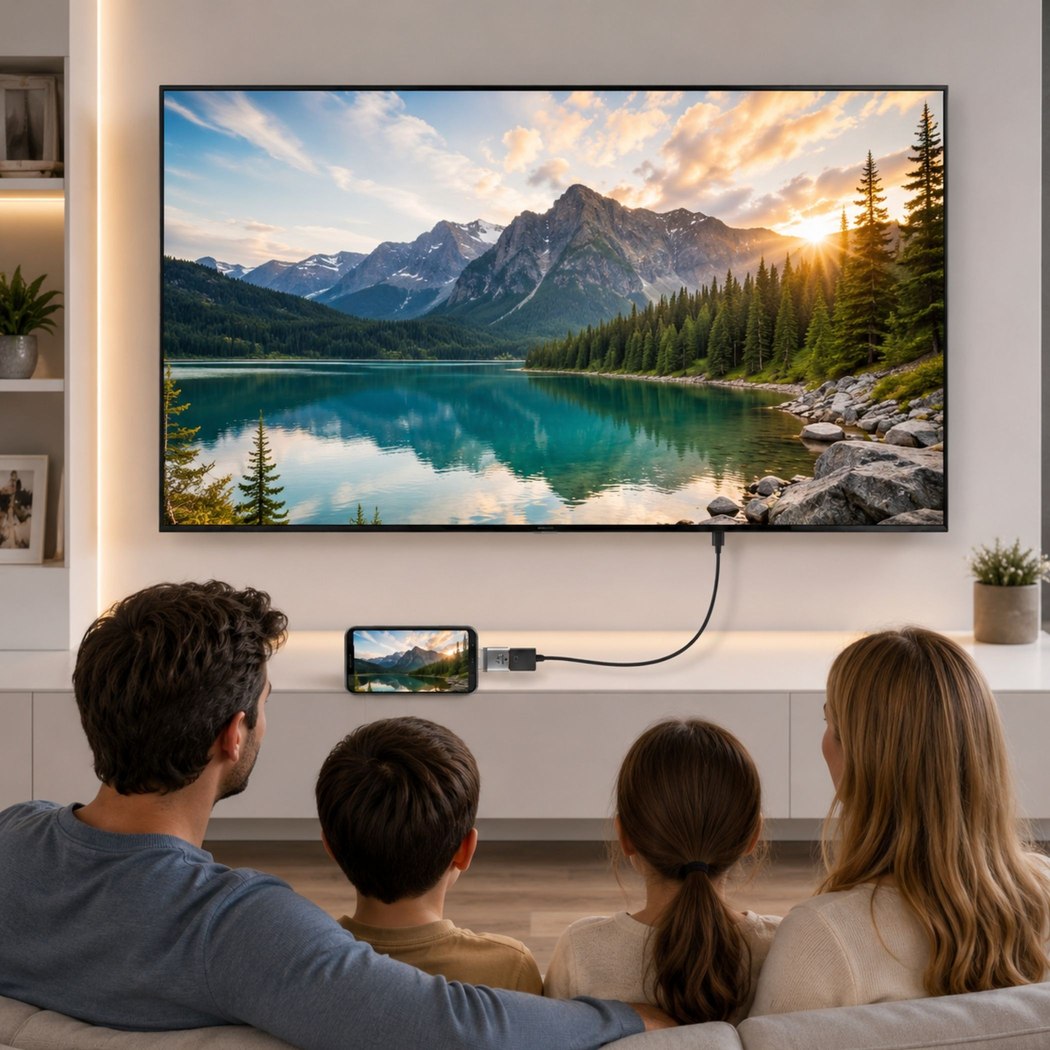Eine Familie sitzt von hinten auf einer Couch und schaut auf einen großen Fernseher mit Berglandschaft.