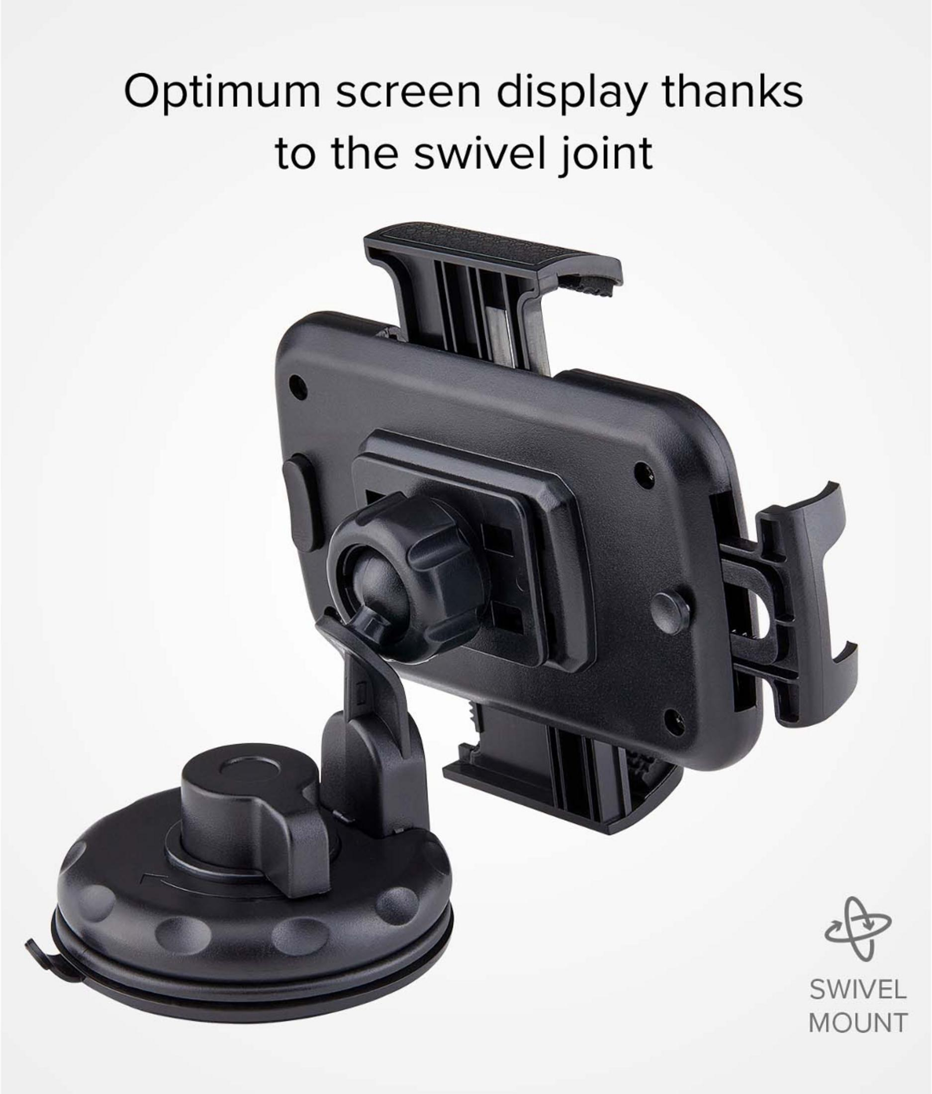 Supporto per smartphone in plastica nera con base a ventosa e snodo sferico su sfondo bianco.