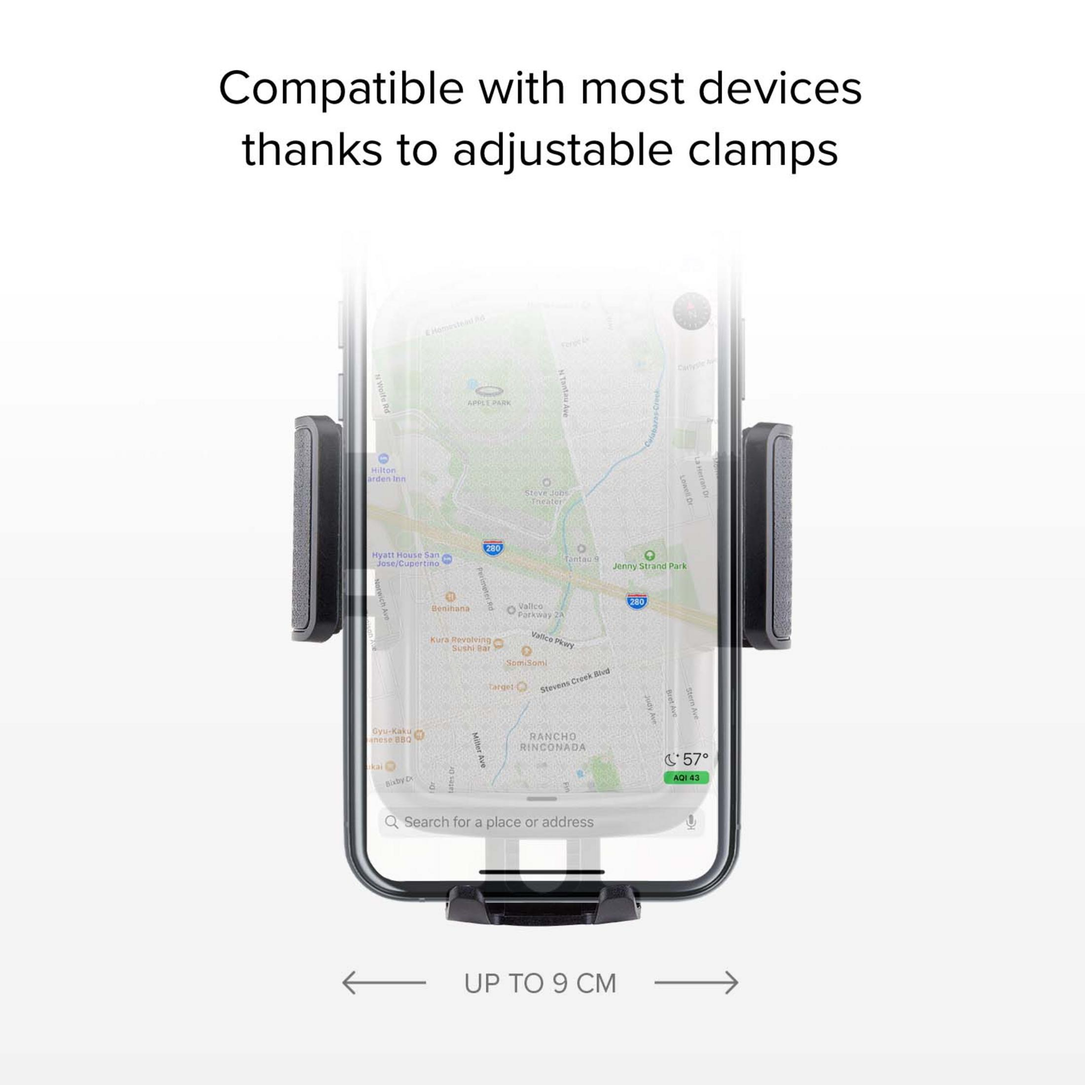 Uno smartphone in un supporto regolabile con mappa e testo sulla compatibilità.
