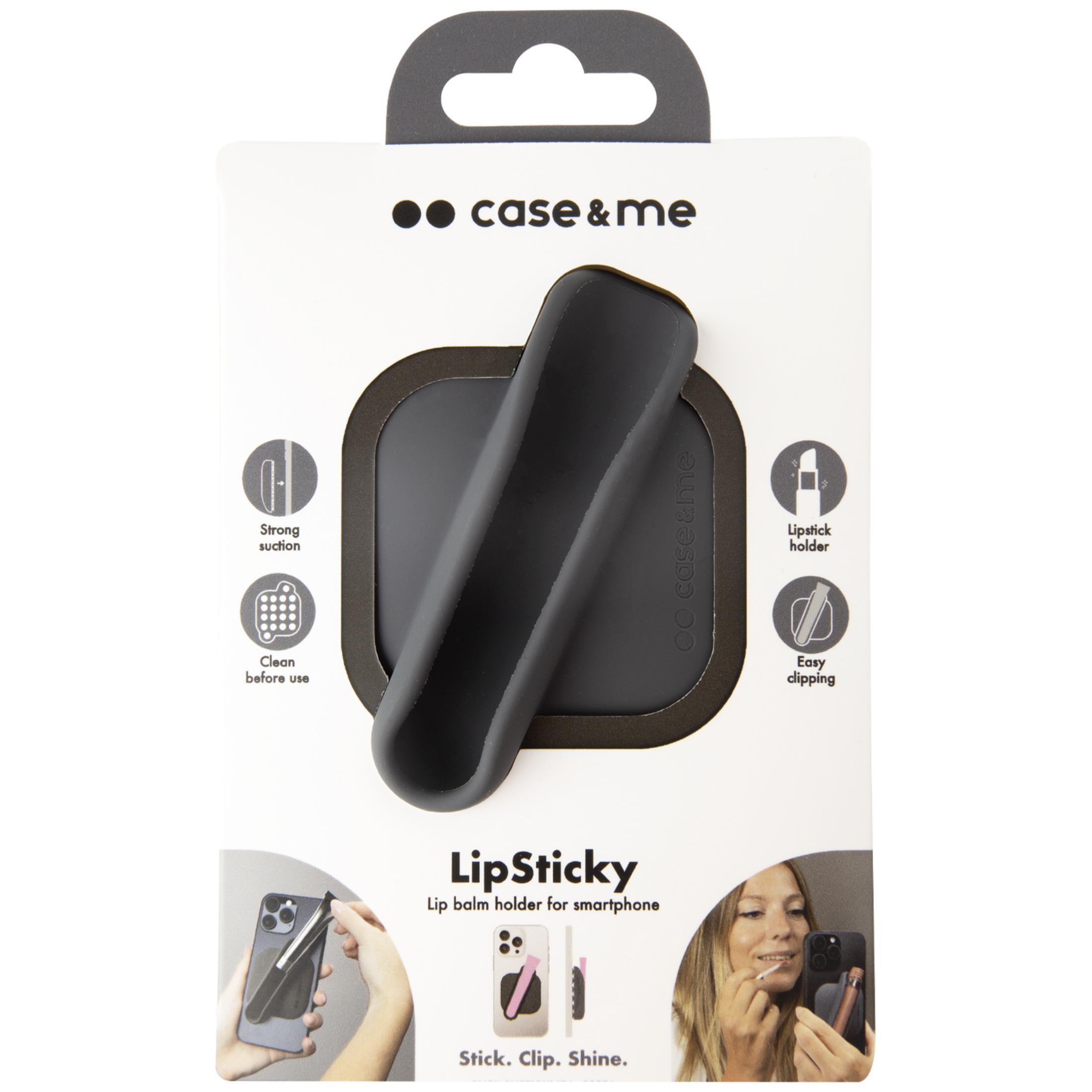 Empaque de Case&Me LipSticky, soporte de silicona negra para bálsamo labial en smartphones, con instrucciones.