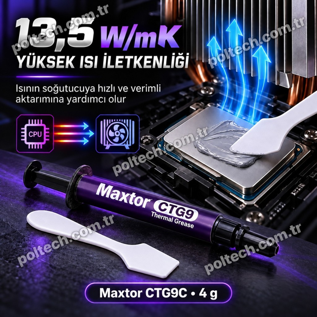 Maxtor CTG9 termal macun tüpü ve spatula ile bir CPU üzerine macun sürülmesi gösteriliyor.