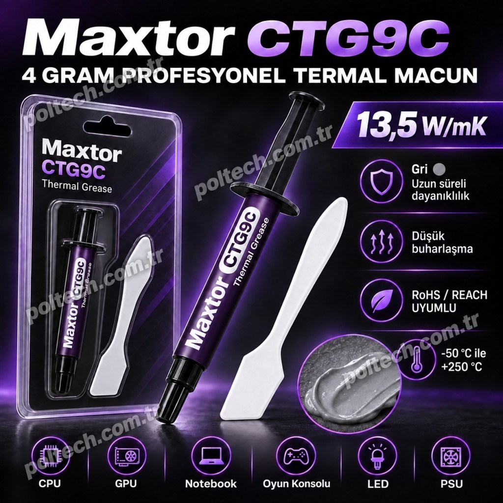 Maxtor CTG9C termal macun şırıngası, spatula ve özellikler.