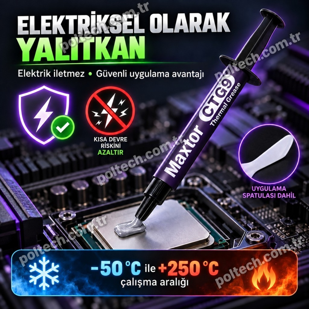 Bir CPU üzerinde Maxtor CTG9 termal macun şırıngası, simgeler ve Türkçe metinlerle.
