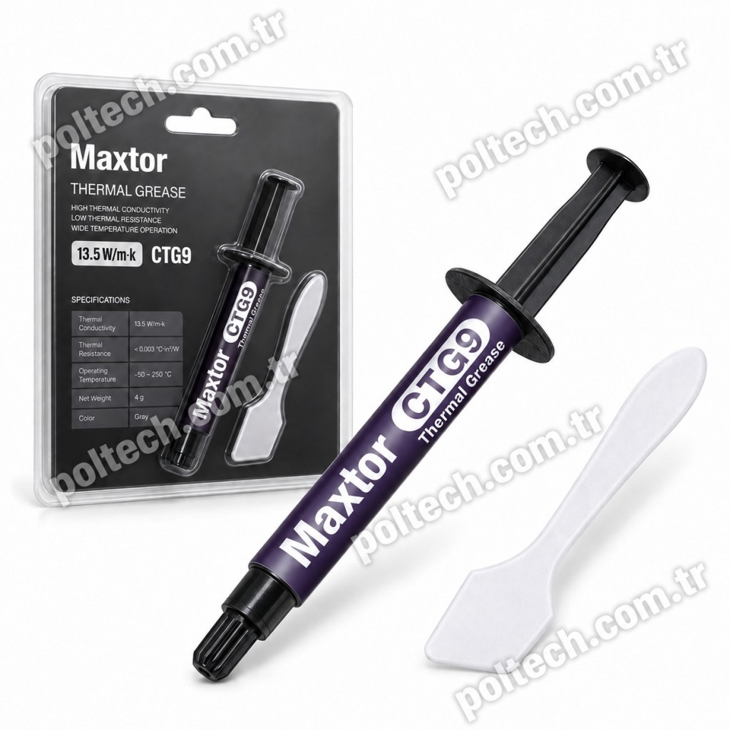 Beyaz spatula ile tüp ve ambalajında Maxtor CTG9 termal macun.