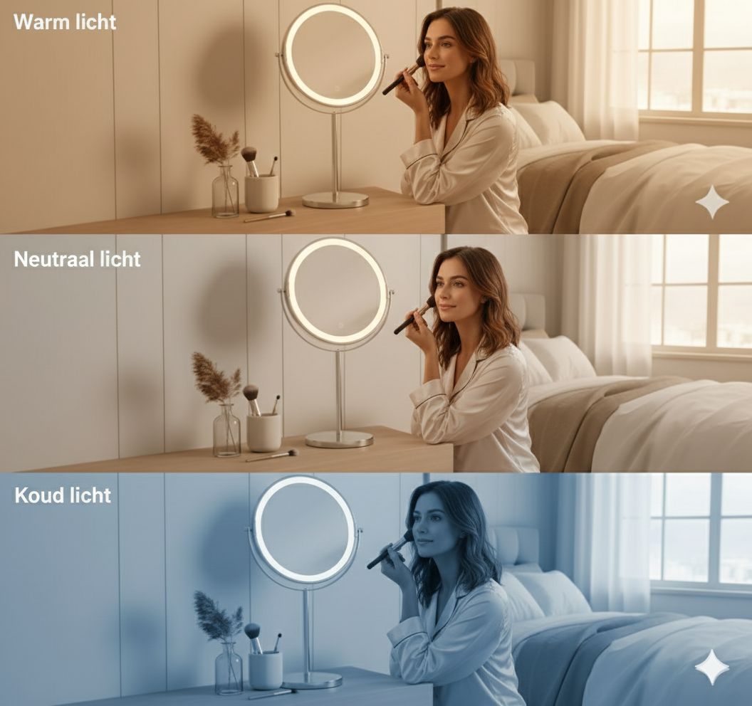 A woman applies makeup in front of a lighted vanity mirror showing three different light tones.