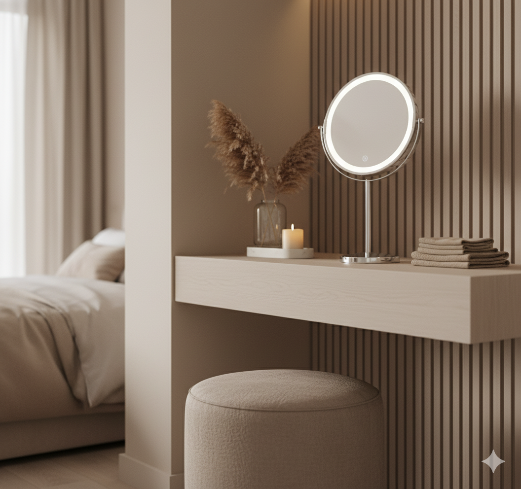 A beige vanity with an illuminated round mirror, folded towels, a candle, pampas grass, and a matching stool.