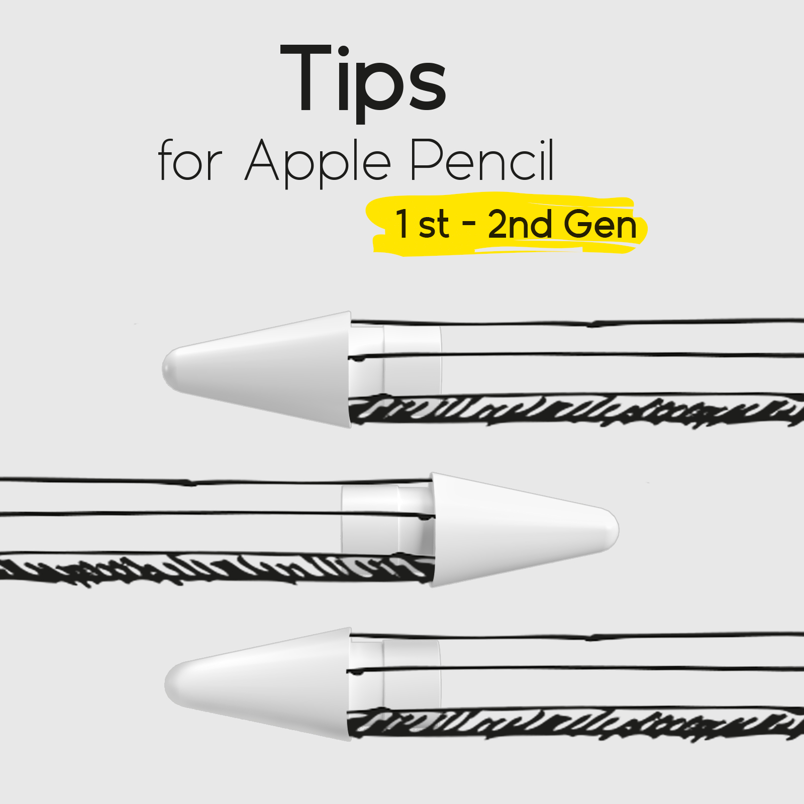 Grafica che mostra tre punte di Apple Pencil bianche che disegnano linee su sfondo grigio.