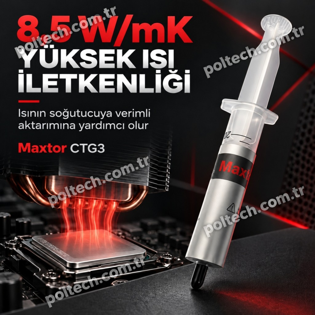 Kırmızı yazılı ve ışıklı işlemci ve soğutucu yanında termal macun şırıngası.