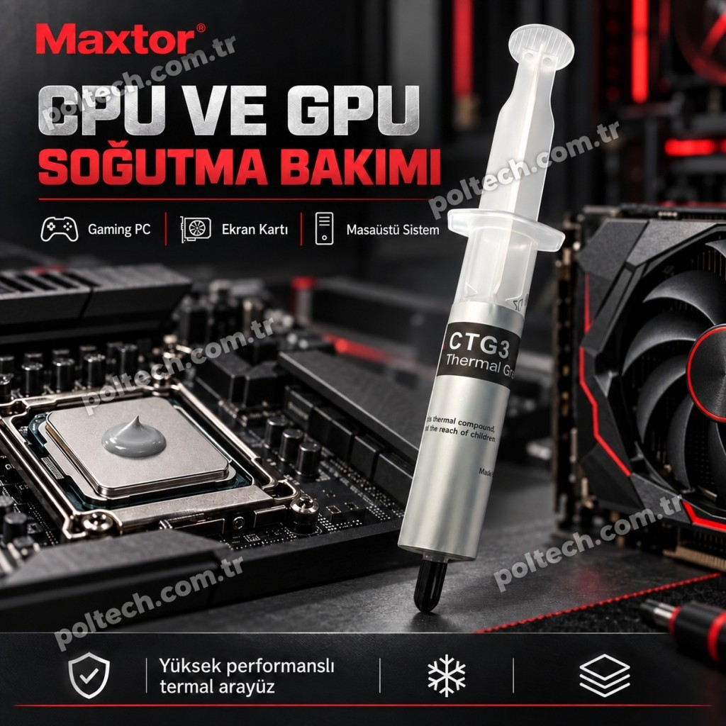 CTG3 termal macun şırıngası, gri macun sürülmüş bir PC anakartının üzerinde dik duruyor.