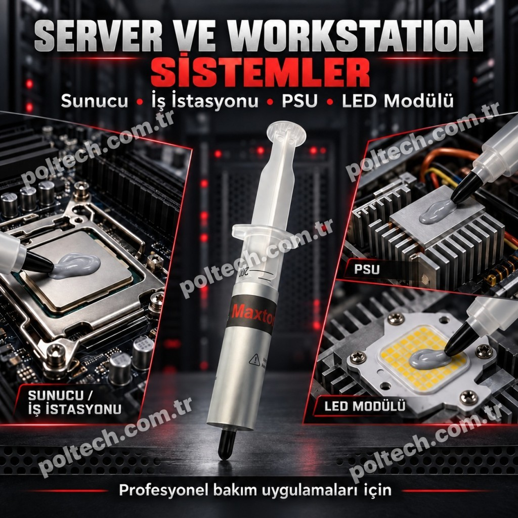 Ortada termal macun şırıngası, CPU, PSU ve LED modülüne uygulama gösteren üç ek fotoğrafla birlikte.