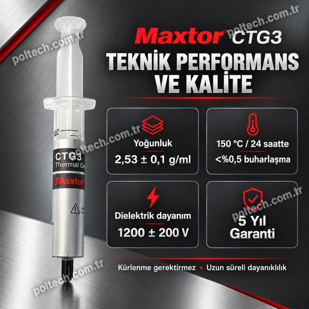 Gri arka plan ve teknik performans verileriyle Maxtor CTG3 termal macun şırıngası.